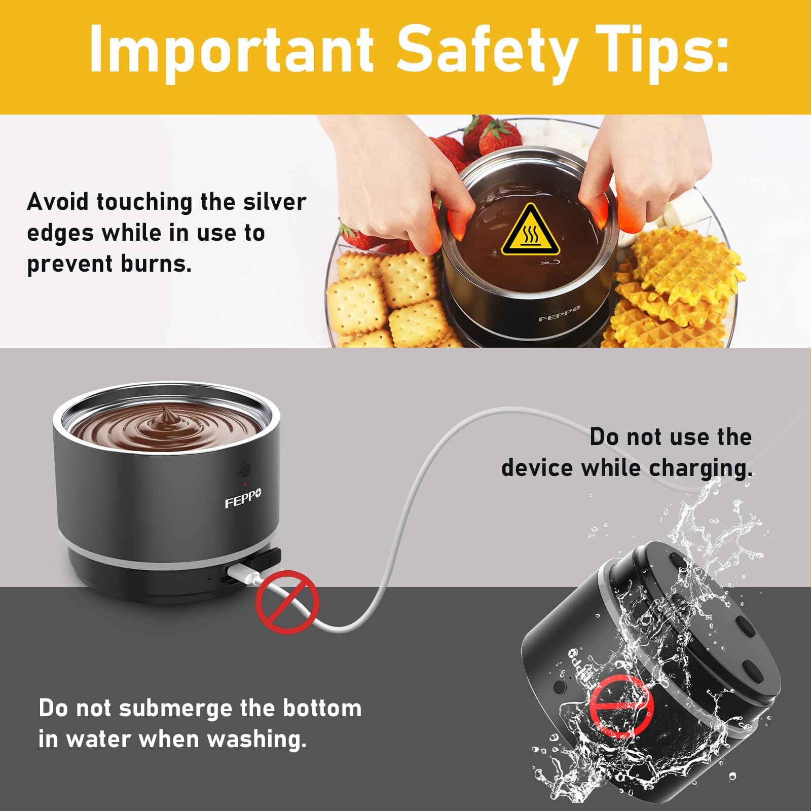 Safety tips for a hot chocolate maker with text and images of usage and warnings.