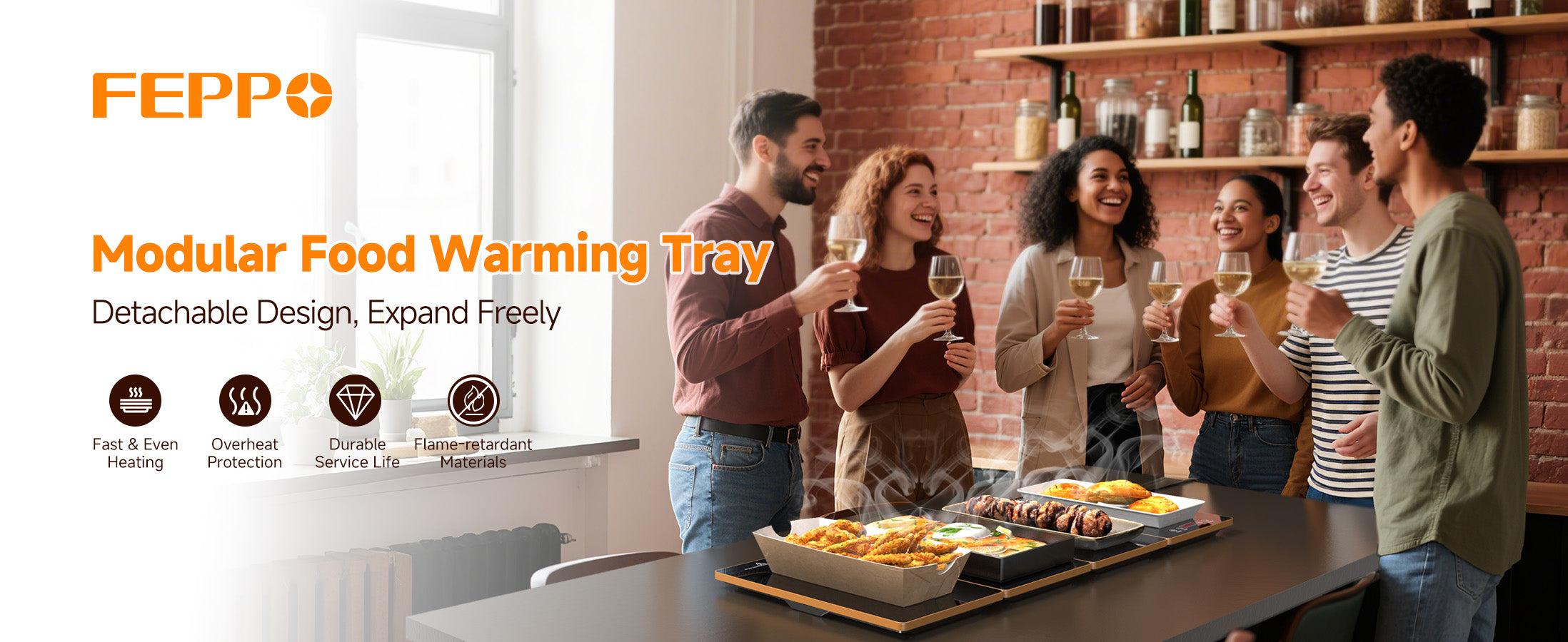 FEPPO 4-in-1 Electric Food Warmer 33"x15", modular food warming tray with people enjoying food and drinks in a kitchen.