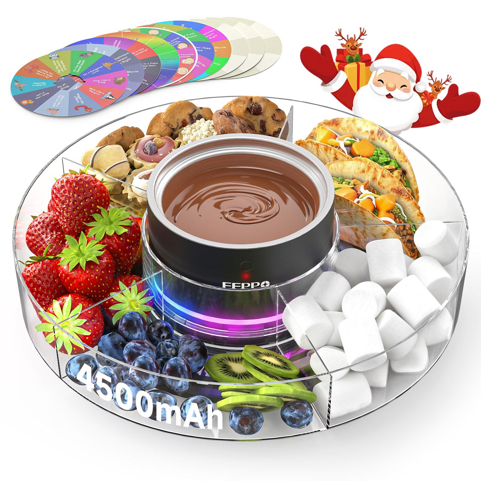Fondue set with chocolate fondue, fruits, cookies, and marshmallows on a clear Lazy Susan with Santa Claus and gift box illustration.