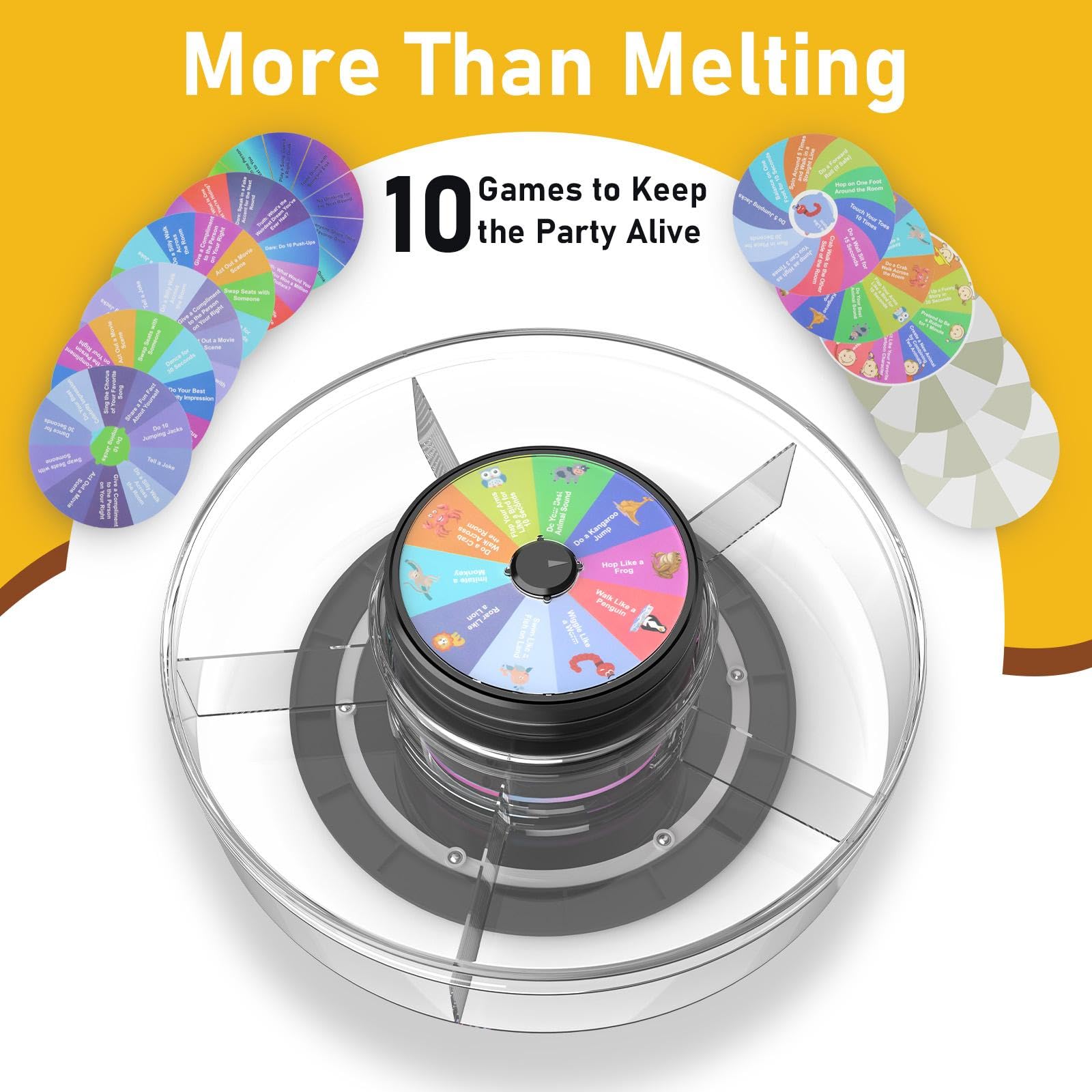 Colorful party wheel with game cards on a yellow background, featuring text 'More Than Melting' and '10 Games to Keep the Party Alive'.