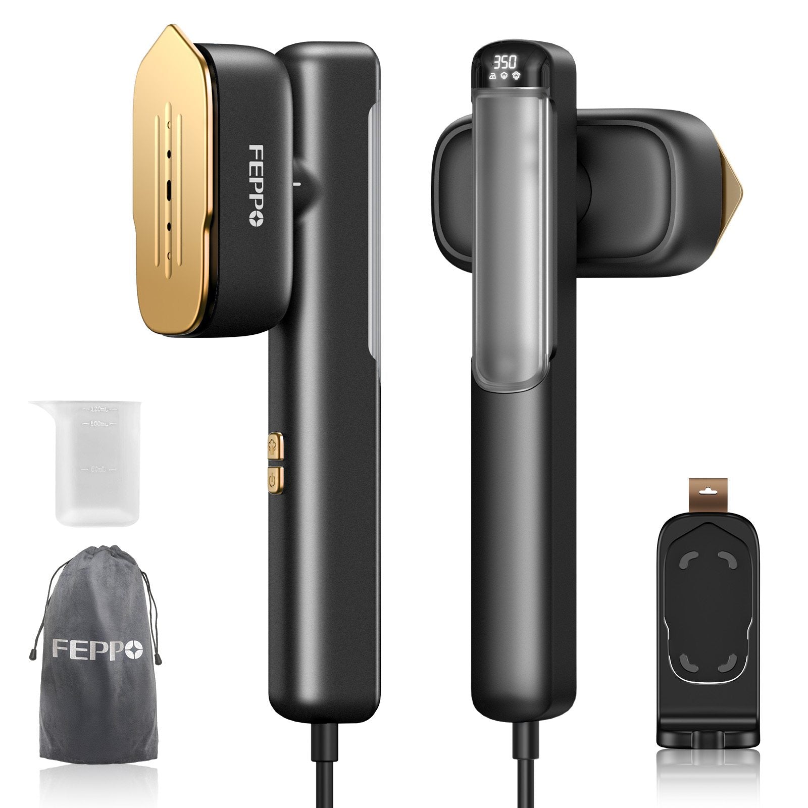 FEPPO Travel Clothes Steamer & Iron 2-in-1, Black-Gold