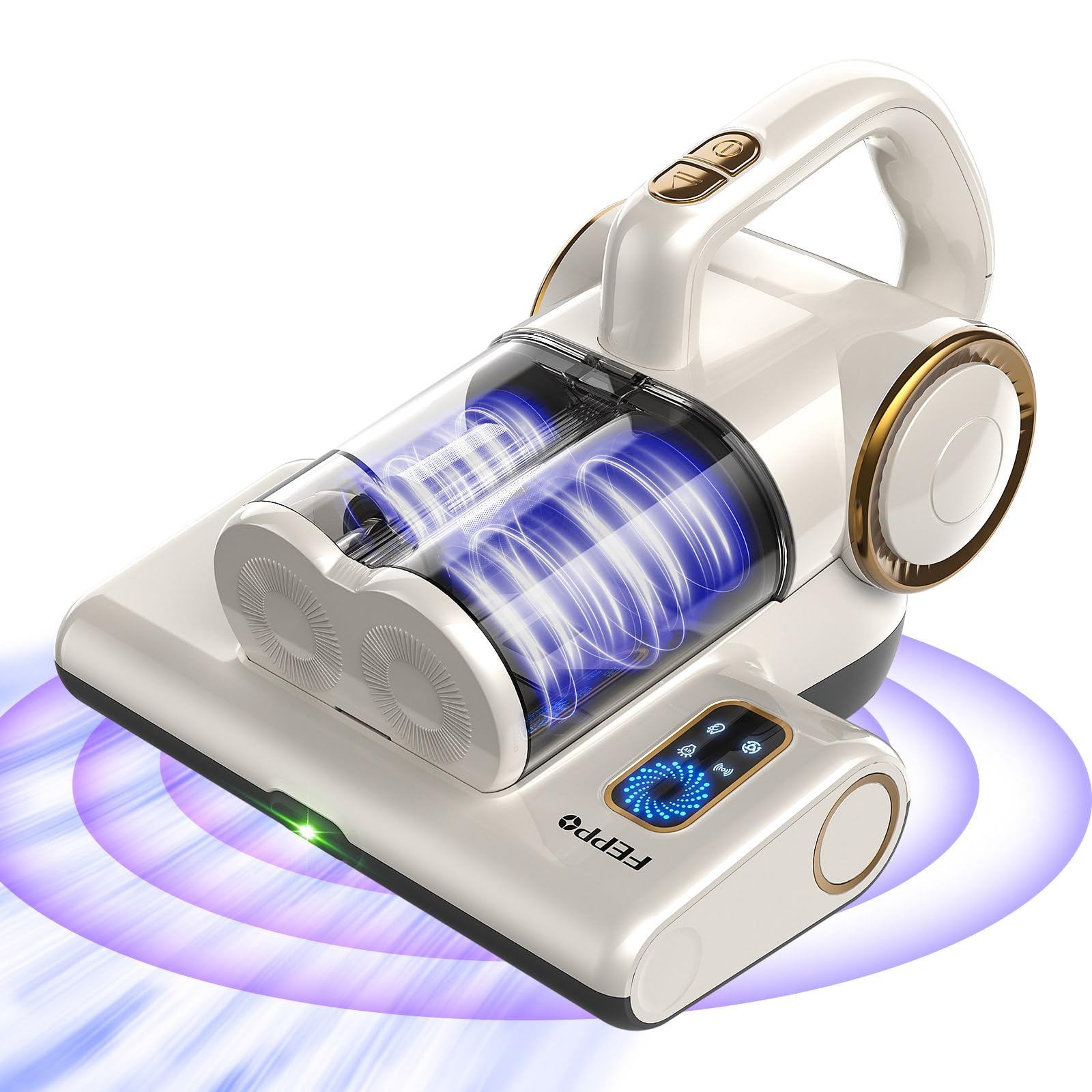 Feppo Handheld Mattress Vacuum Cleaner with glowing blue lights, White and Gold color