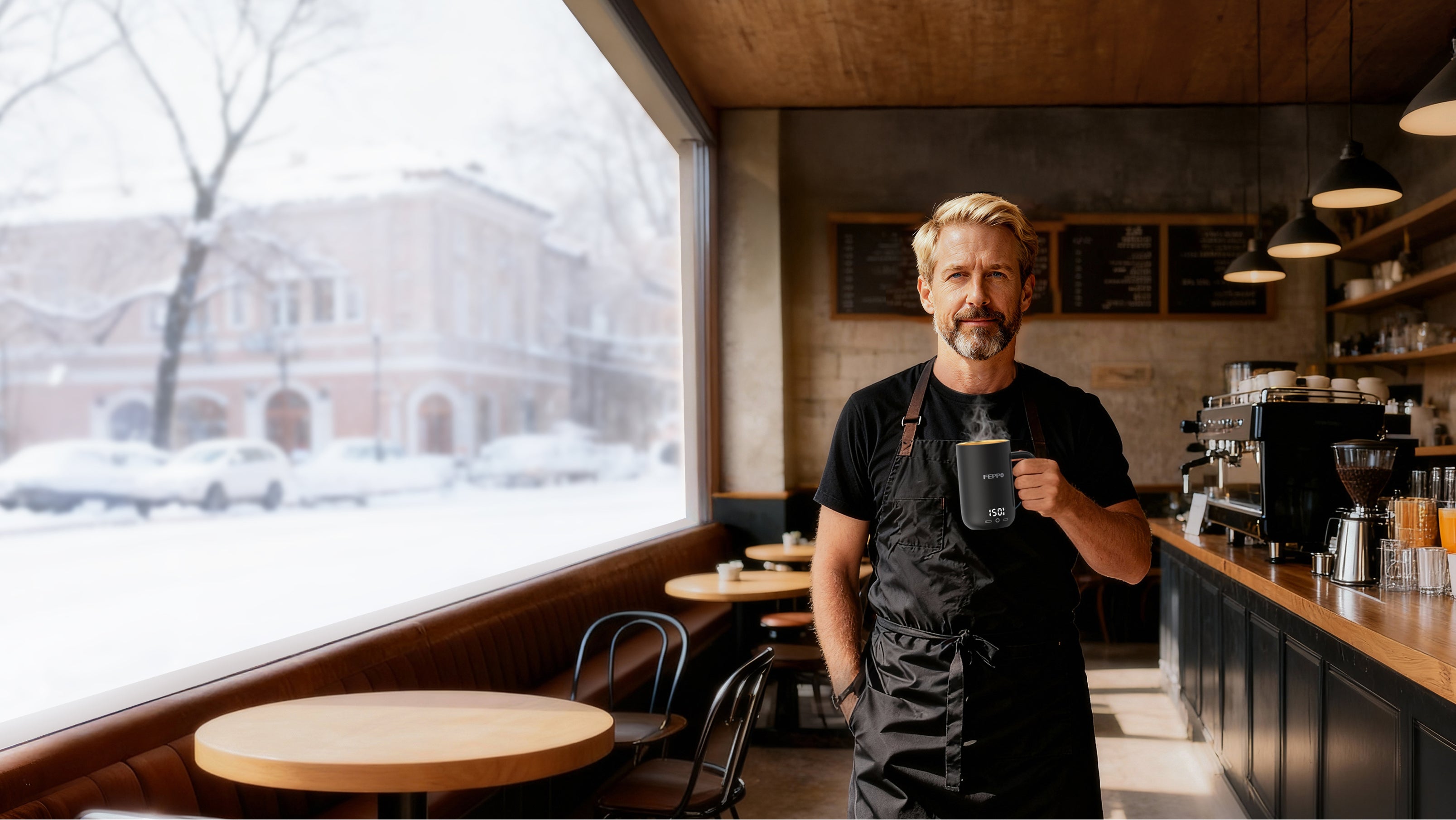 Man in a coffee shop holding a Feppo heated temperature coffee cup, with a snowy outdoor view through the window.