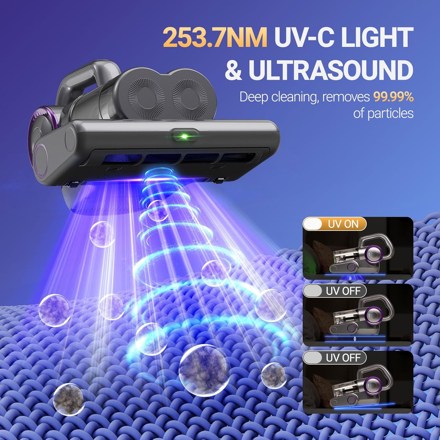 Feppo Mattress Vacuum Cleaner 253.7NM UV-C Light & Ultrasound, deep cleaning, removes 99.99% of particles