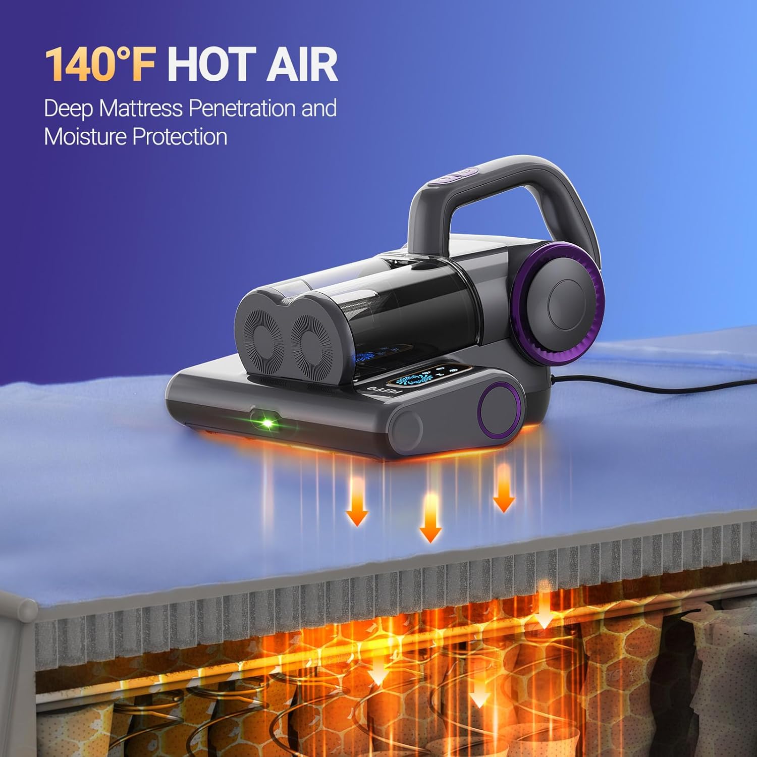 Feppo Mattress Vacuum Cleaner UV-C Light & Ultrasound, HEPA Filter, 140°F Hot Air, deep mattress penetration and moisture protection