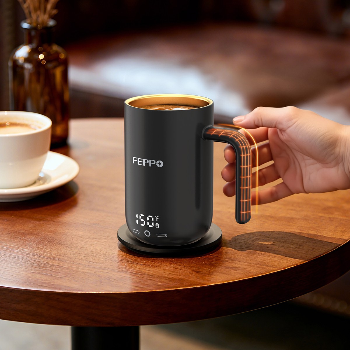 Feppo Temperature Control Heated Best Titanium Coffee Mug with digital display screen.