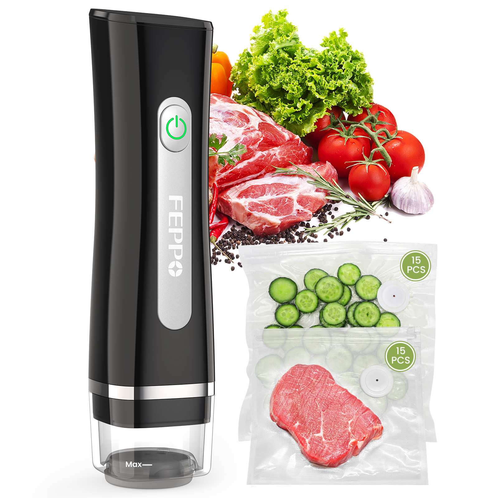 FEPPO Food Vacuum Sealer with Visible Water Tank + 30 Reusable Bags - FEPPO