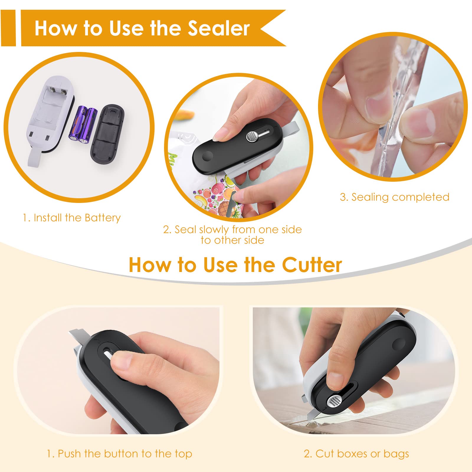 FEPPO 2-in-1 Mini Bag Sealer with Cutter – Portable Heat Resealer for Chips, Plastic & Snack Bags, Batteries Included - FEPPO