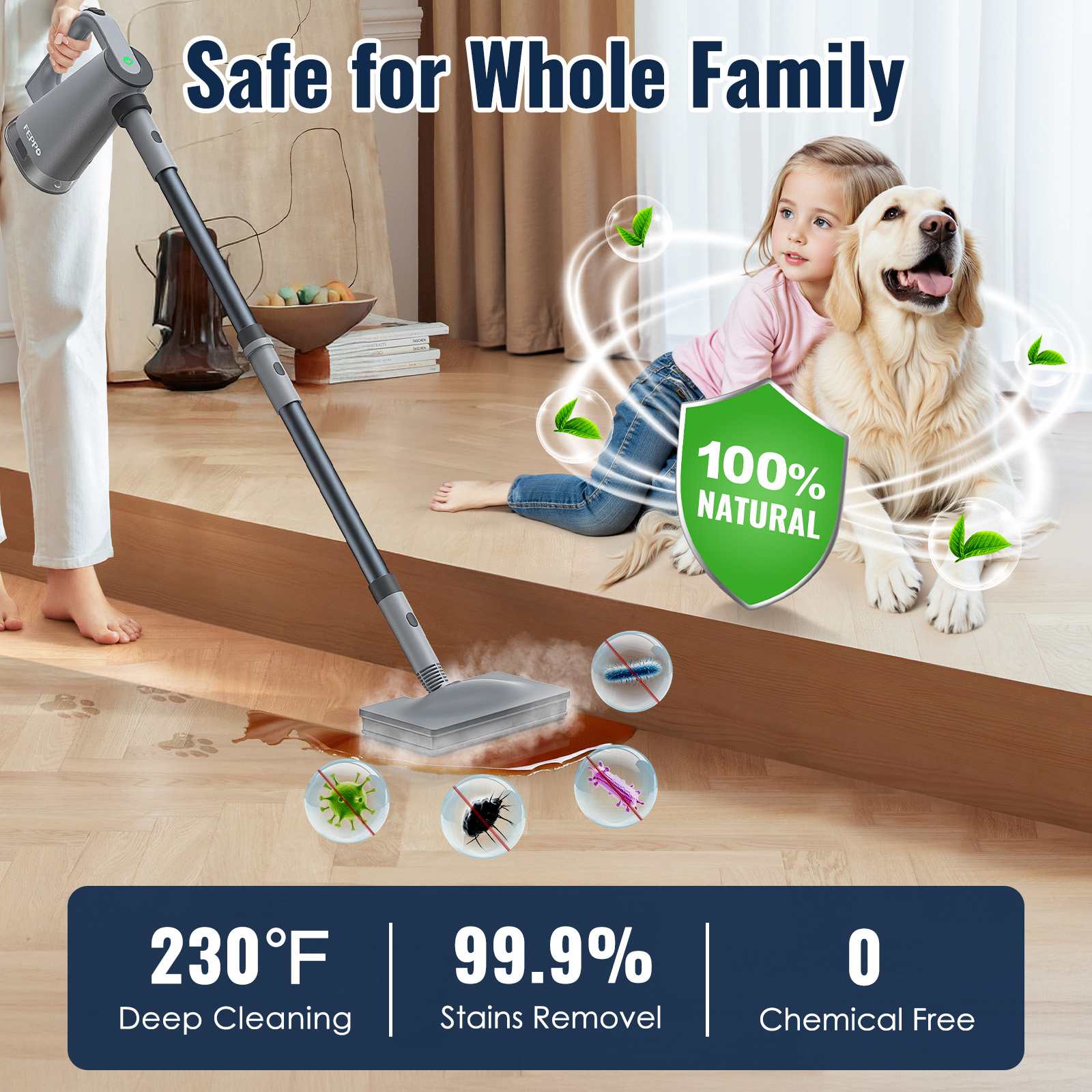FEPPO Steam Mop with Detachable Handheld Steam Cleaner for Home and Floor Cleaning, 10-in-1 Multi-purpose Attachments & 2 Pads, Powerful Steamer for Floors, Hardwood, Tiles, Grout, Windows, Kitchen, Bath - FEPPO