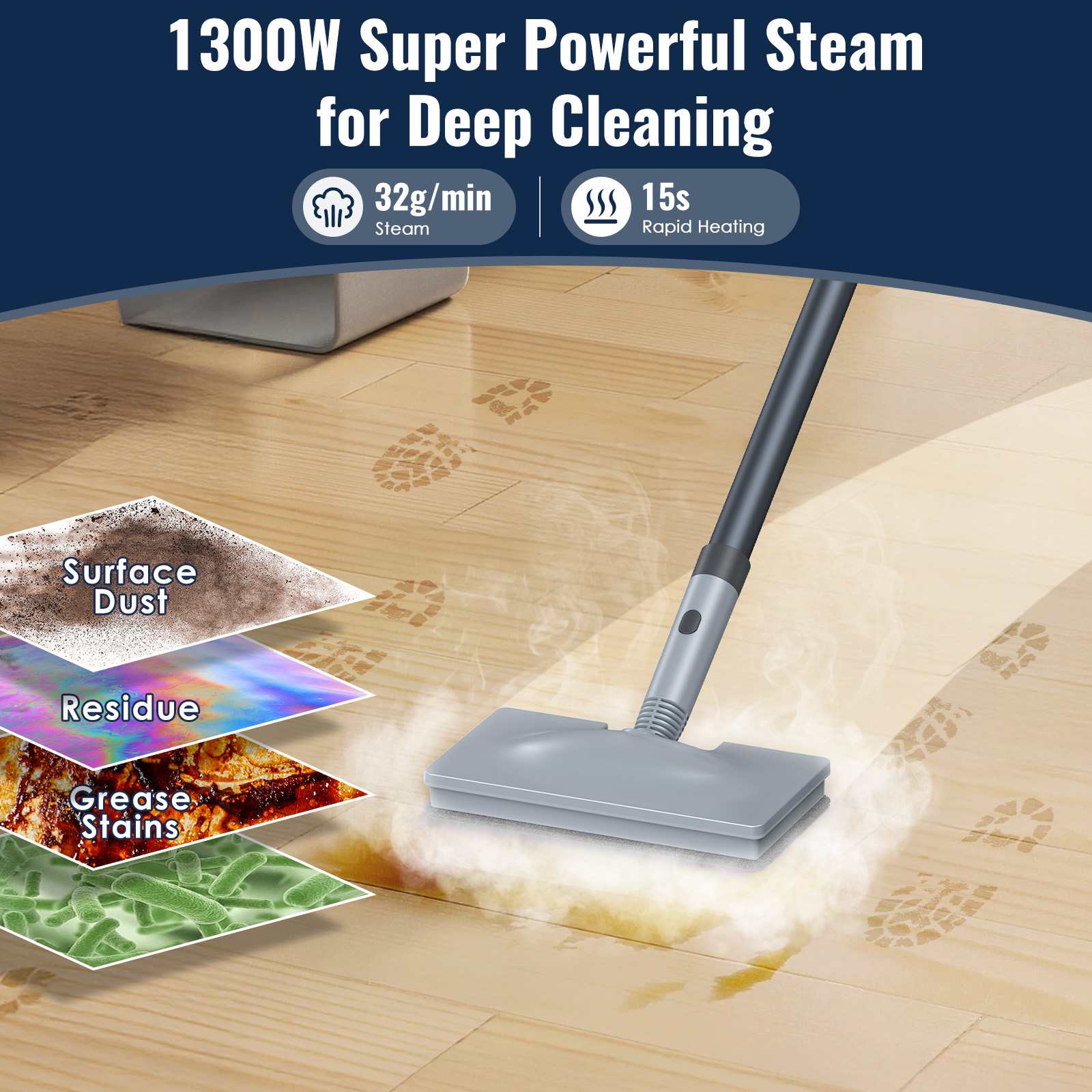 FEPPO Steam Mop with Detachable Handheld Steam Cleaner for Home and Floor Cleaning, 10-in-1 Multi-purpose Attachments & 2 Pads, Powerful Steamer for Floors, Hardwood, Tiles, Grout, Windows, Kitchen, Bath - FEPPO