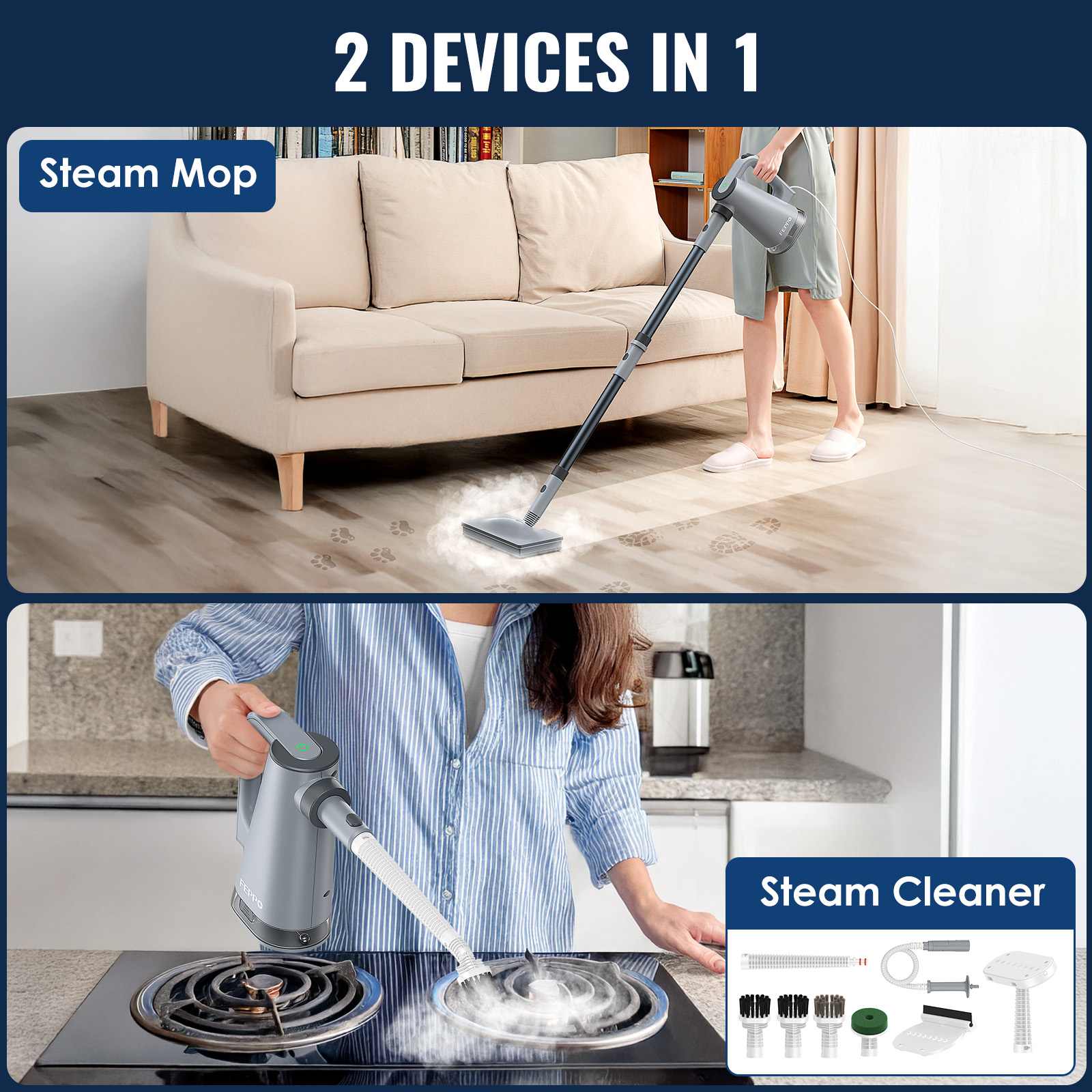 FEPPO Steam Mop with Detachable Handheld Steam Cleaner for Home and Floor Cleaning, 10-in-1 Multi-purpose Attachments & 2 Pads, Powerful Steamer for Floors, Hardwood, Tiles, Grout, Windows, Kitchen, Bath - FEPPO