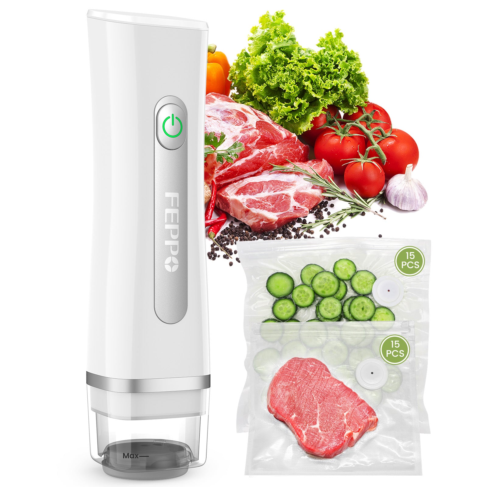 FEPPO Food Vacuum Sealer with Visible Water Tank + 30 Reusable Bags - FEPPO