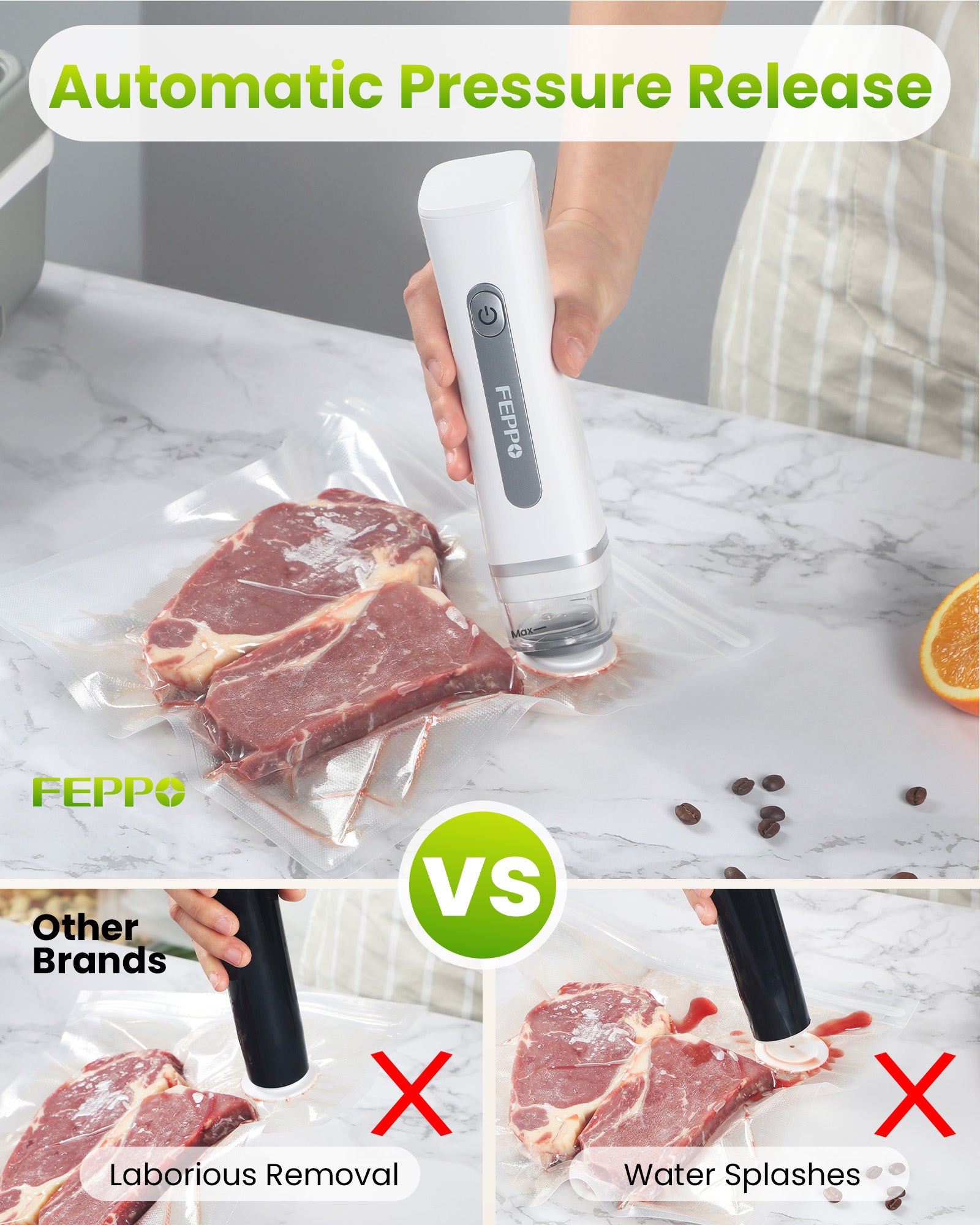 FEPPO Food Vacuum Sealer with Visible Water Tank + 30 Reusable Bags - FEPPO