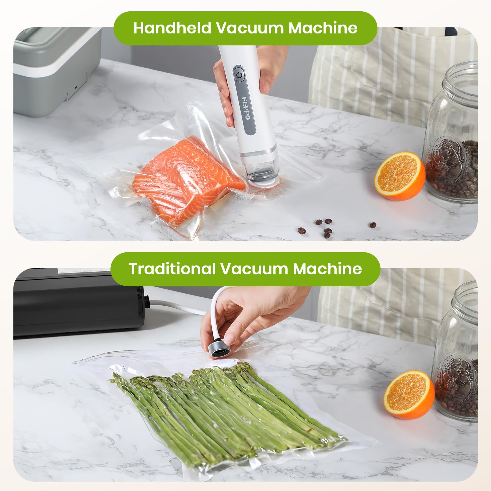 FEPPO Food Vacuum Sealer with Visible Water Tank + 30 Reusable Bags - FEPPO