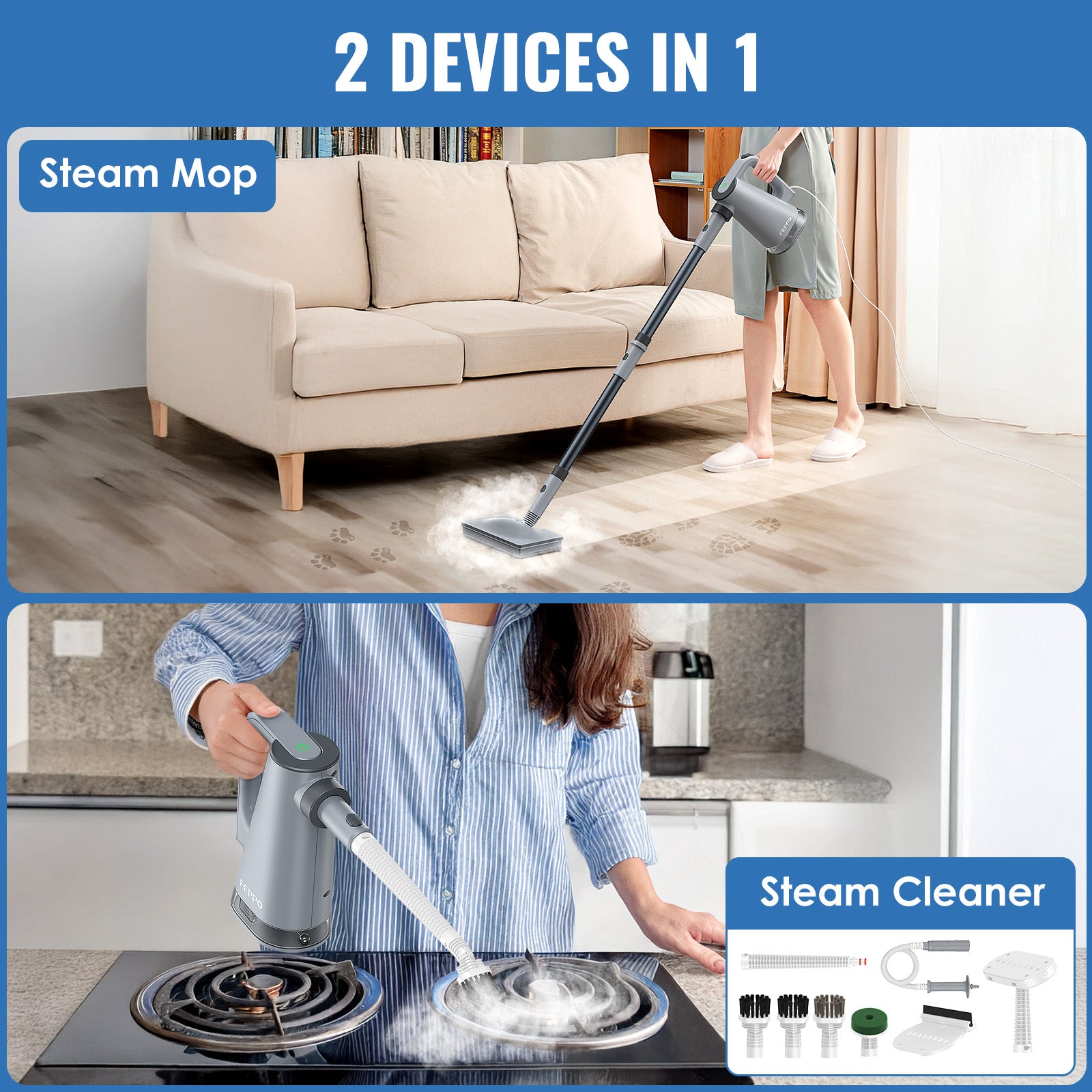 FEPPO Steam Mop with Detachable Handheld Steam Cleaner for Home and Floor Cleaning, 10-in-1 Multi-purpose Attachments & 2 Pads, Powerful Steamer for Floors, Hardwood, Tiles,Grout,Windows,Kitchen,Bath - FEPPO