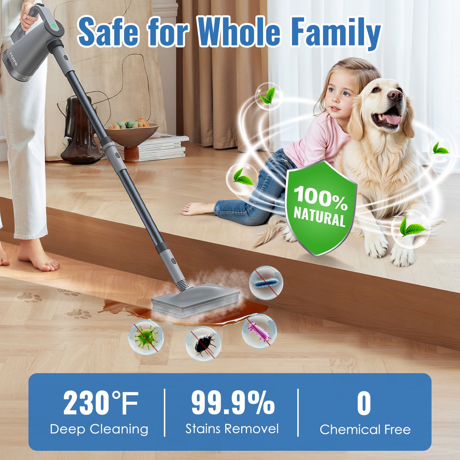 FEPPO Steam Mop with Detachable Handheld Steam Cleaner for Home and Floor Cleaning, 10-in-1 Multi-purpose Attachments & 2 Pads, Powerful Steamer for Floors, Hardwood, Tiles,Grout,Windows,Kitchen,Bath - FEPPO