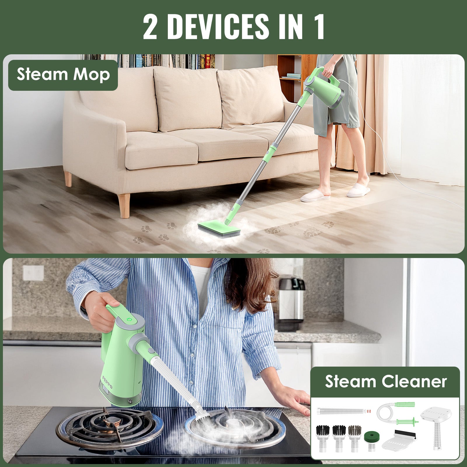 FEPPO Steam Mop with Detachable Handheld Steam Cleaner for Home and Floor Cleaning, 10-in-1 Multi-purpose Attachments & 2 Pads, Powerful Steamer for Floors, Hardwood, Tiles,Grout,Windows,Kitchen,Bath - FEPPO