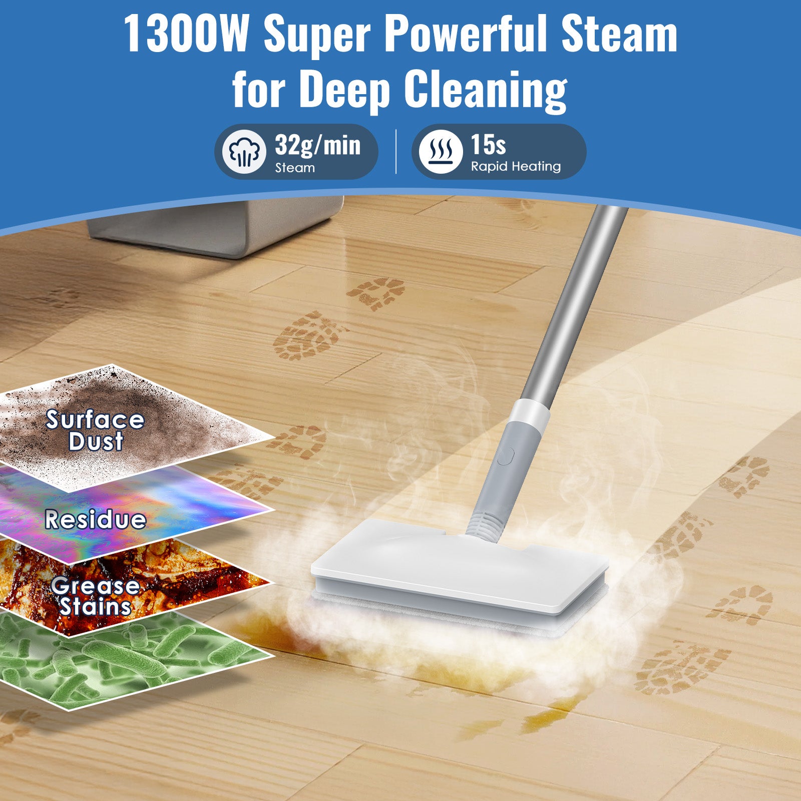 FEPPO Steam Mop with Detachable Handheld Steam Cleaner for Home and Floor Cleaning, 10-in-1 Multi-purpose Attachments & 2 Pads, Powerful Steamer for Floors, Hardwood, Tiles,Grout,Windows,Kitchen,Bath - FEPPO