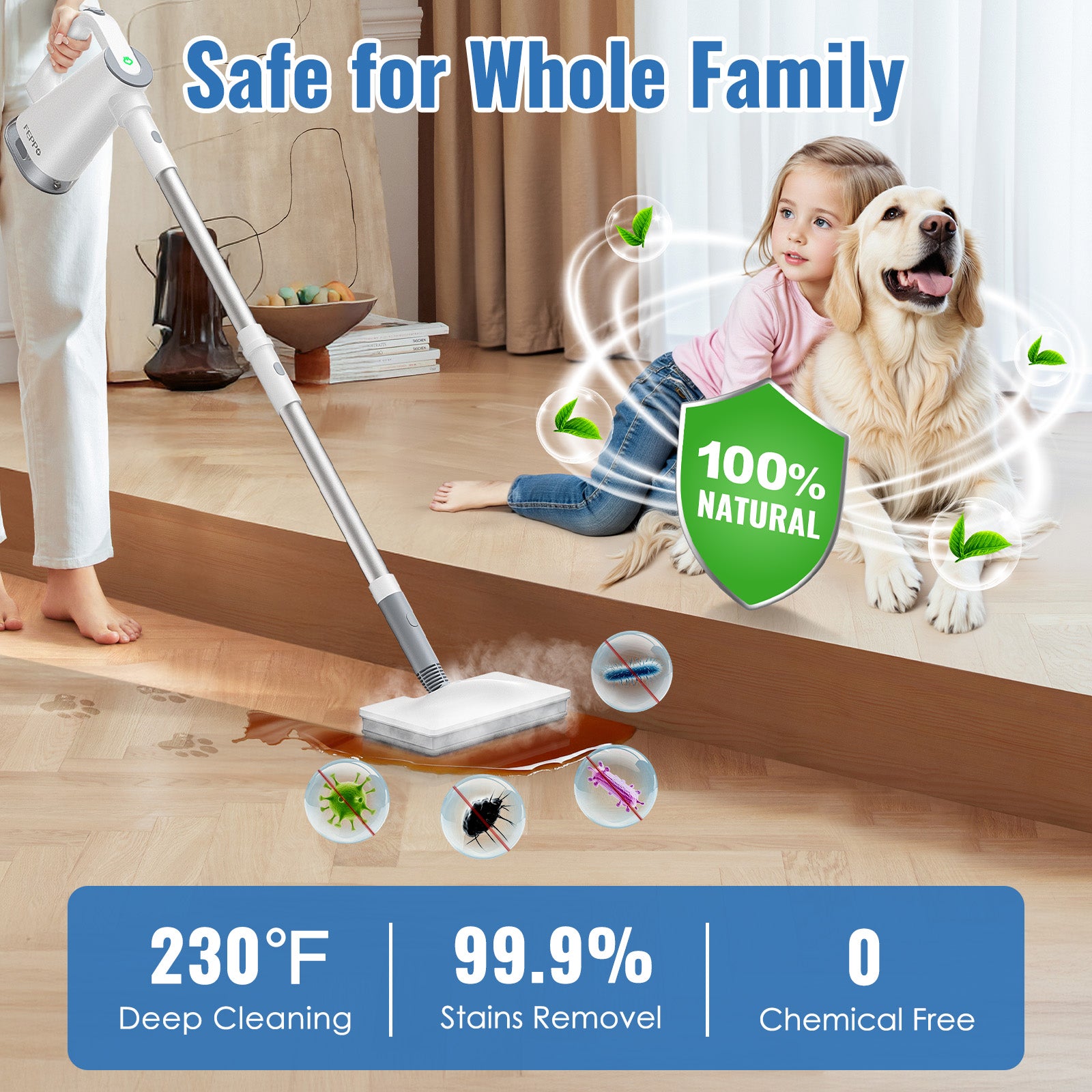 FEPPO Steam Mop with Detachable Handheld Steam Cleaner for Home and Floor Cleaning, 10-in-1 Multi-purpose Attachments & 2 Pads, Powerful Steamer for Floors, Hardwood, Tiles,Grout,Windows,Kitchen,Bath - FEPPO