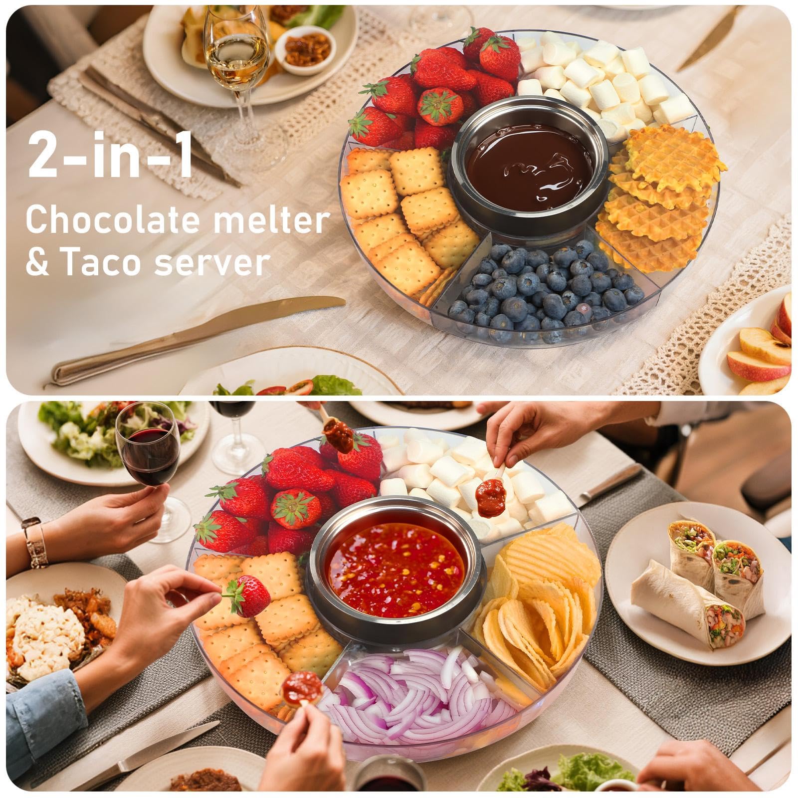 2-in-1 chocolate melter and taco server with food on a table