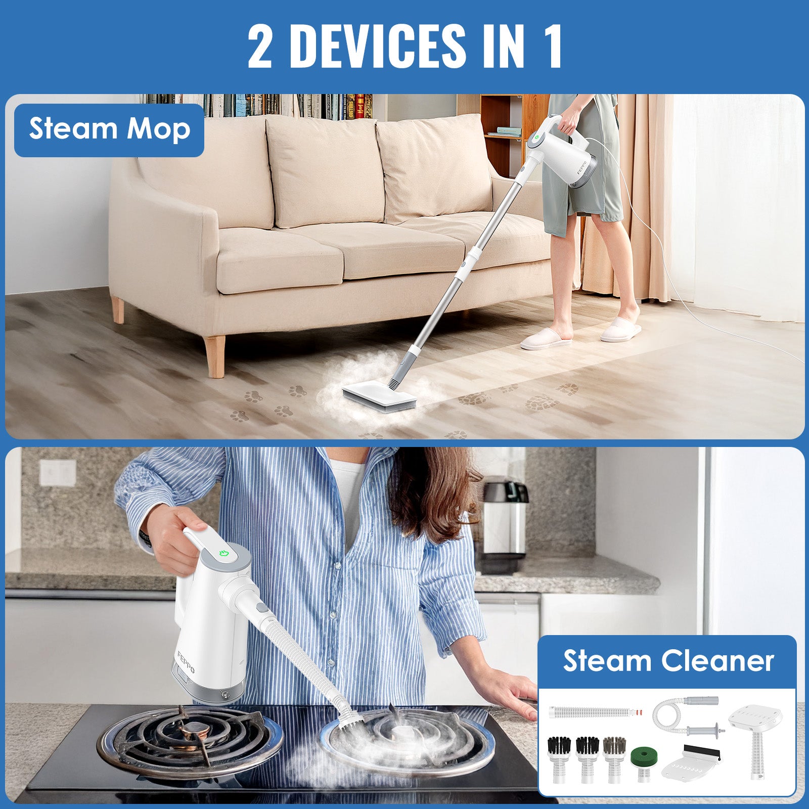 FEPPO 2‑in‑1 Steam Mop & Handheld Cleaner – 10‑in‑1 Attachments for Floors, Grout, Windows | Chemical‑Free, 1300 W