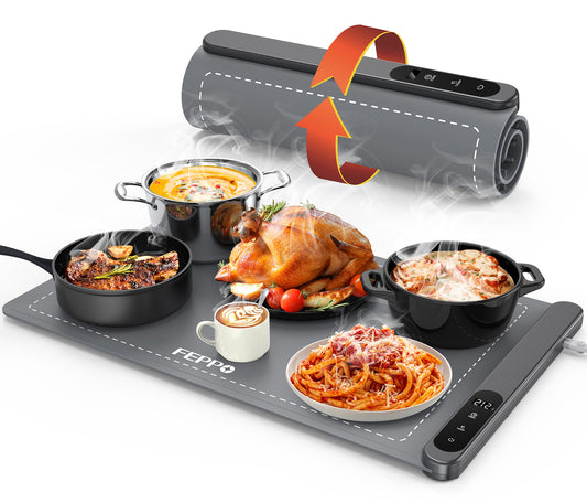 FEPPO Food Warming Mat, Upgrade High-tech Graphene Heating Film, Fast Full Surface Heating Mat with 6 Level Adjustable Temperature and 6 Hours Timer, Roll Up Food Warmers for Parties Buffet