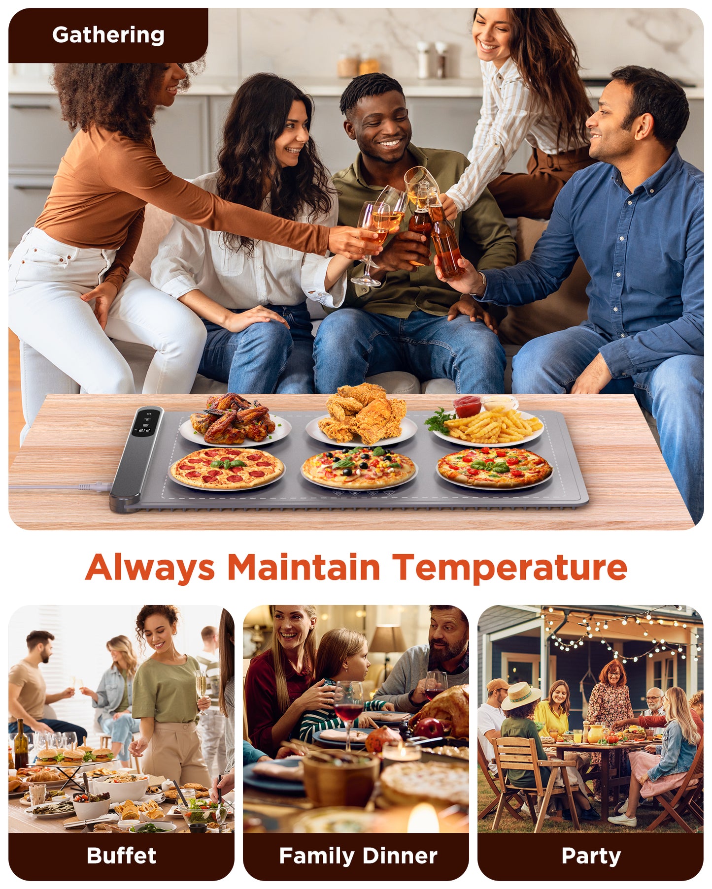 FEPPO Food Warming Mat, Upgrade High-tech Graphene Heating Film, Fast Full Surface Heating Mat with 6 Level Adjustable Temperature and 6 Hours Timer, Roll Up Food Warmers for Parties Buffet