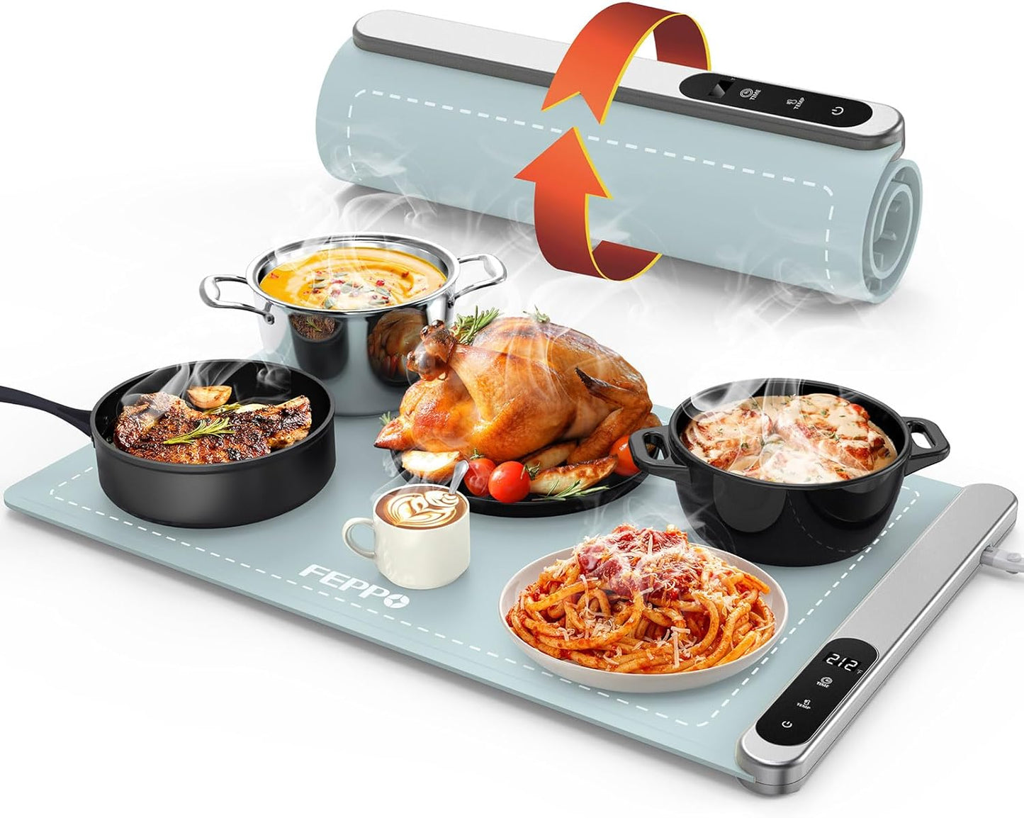 FEPPO Food Warming Mat, Upgrade High-tech Graphene Heating Film, Fast Full Surface Heating Mat with 6 Level Adjustable Temperature and 6 Hours Timer, Roll Up Food Warmers for Parties Buffet