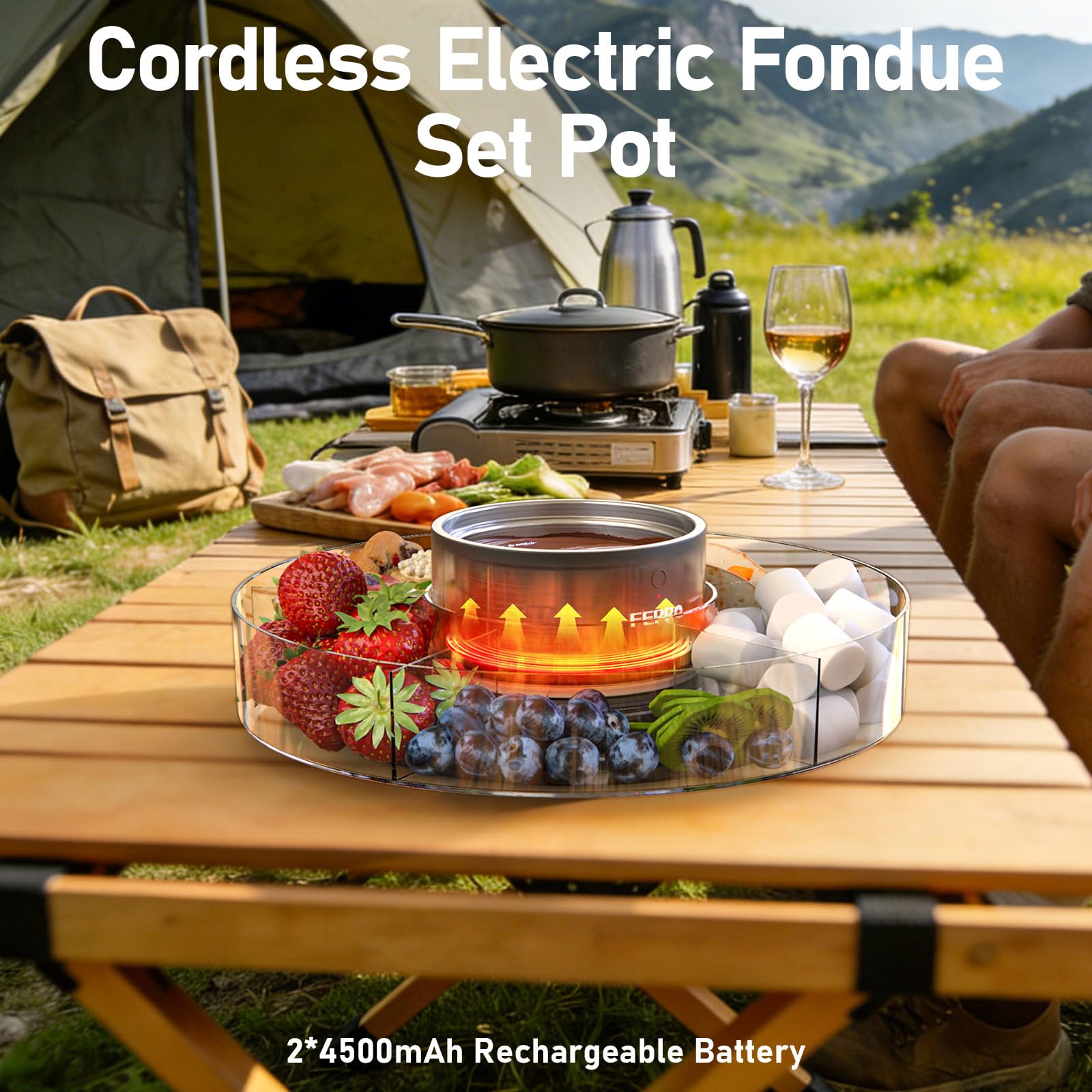 Cordless electric fondue set pot on a camping table with a scenic background