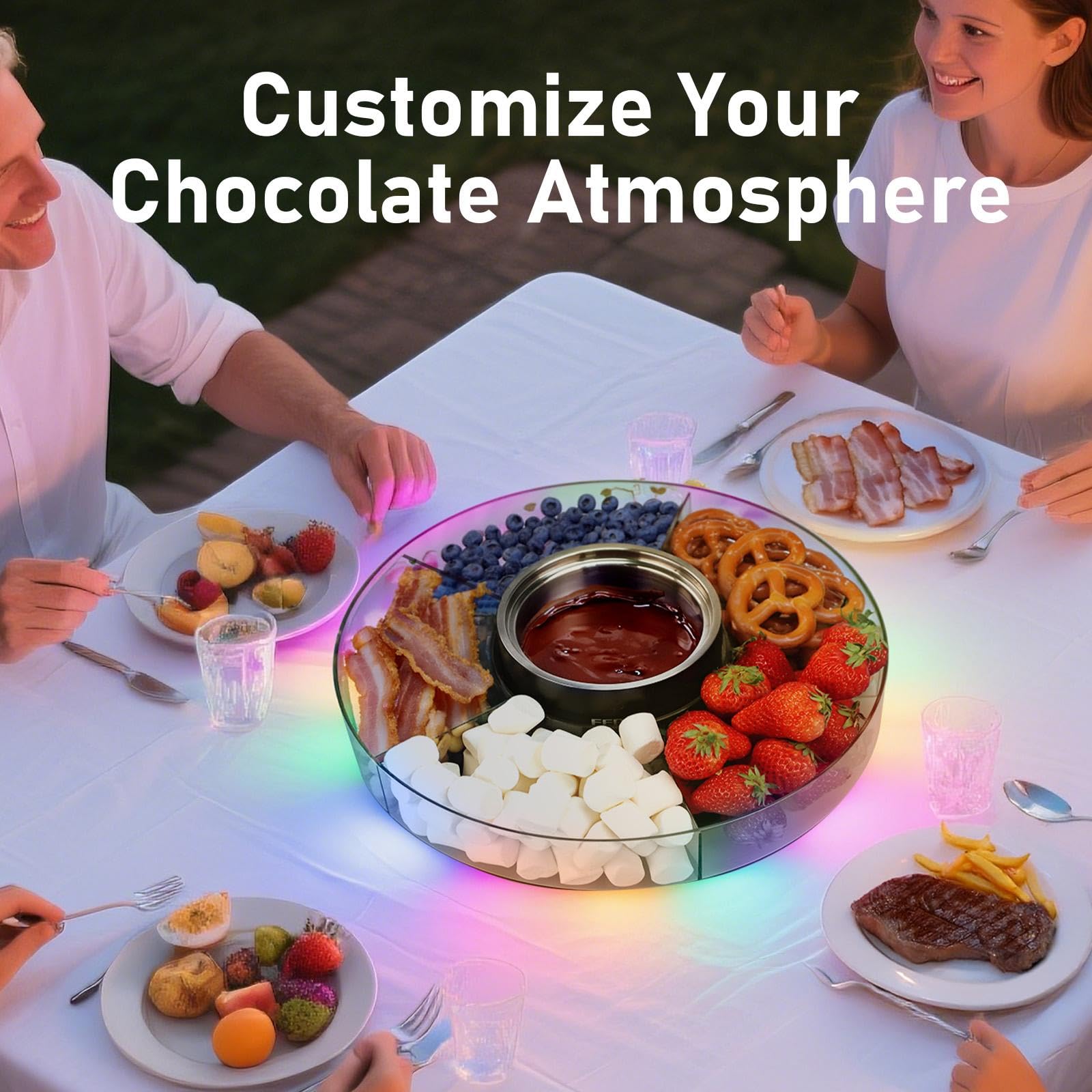 People enjoying a meal around a table with a chocolate fondue set, surrounded by colorful lights.