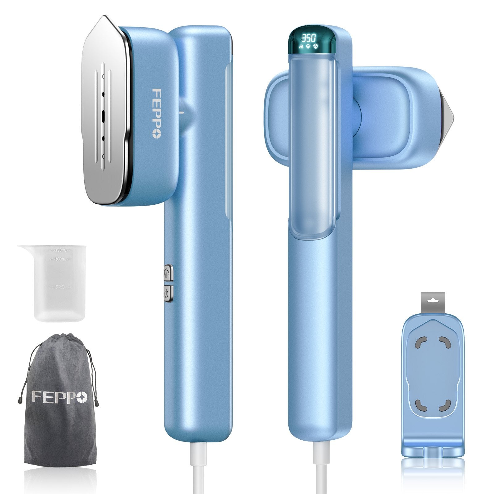 FEPPO Travel Clothes Steamer & Iron 2-in-1, Blue-Silver