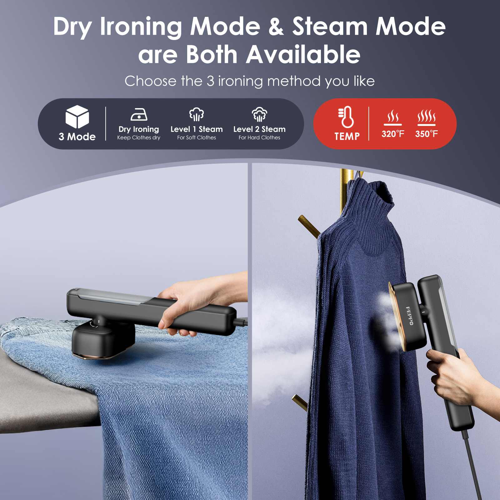 FEPPO Travel Clothes Steamer & Iron 2-in-1, dry ironing mode & steam mode are both available