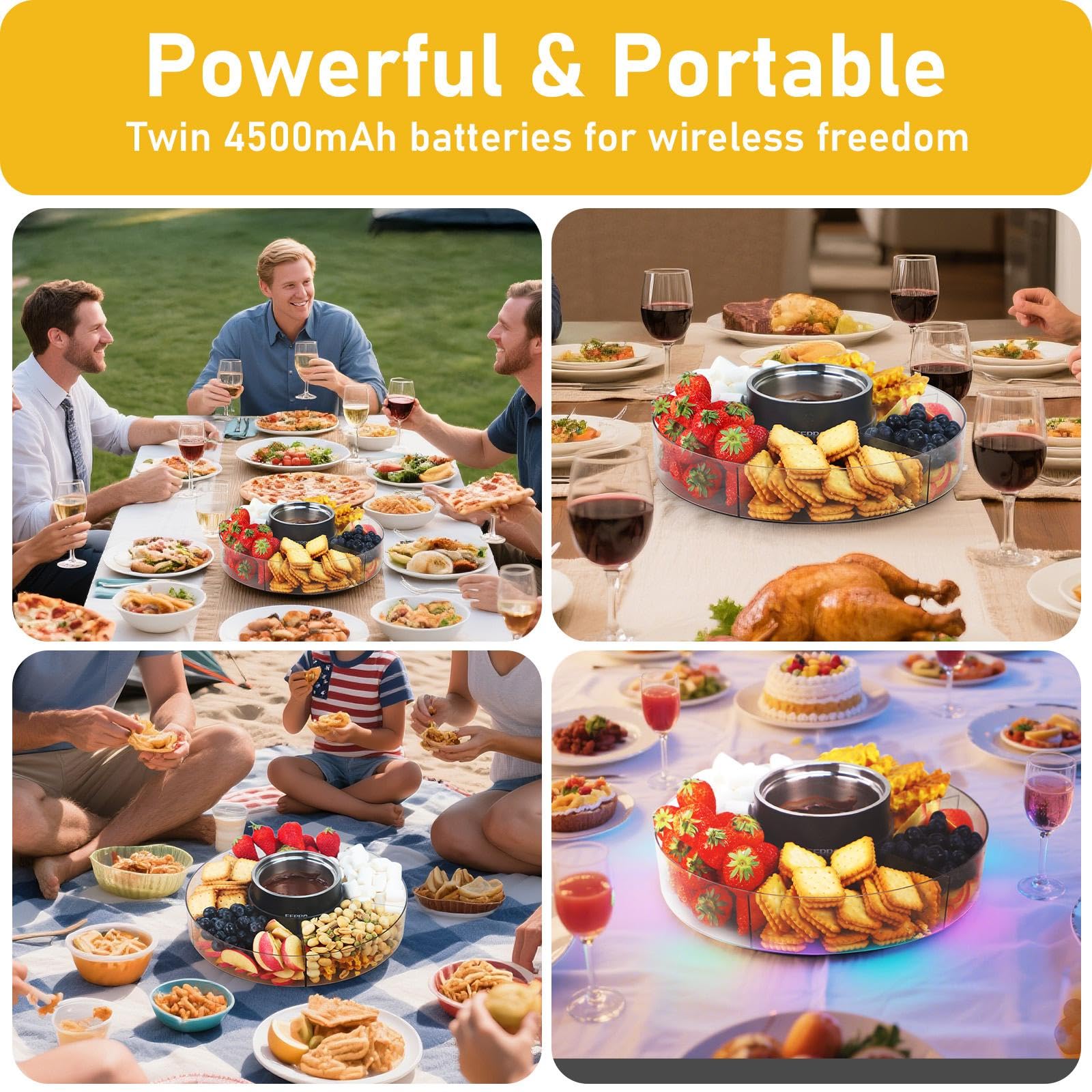 Collage of people enjoying a meal outdoors with food and drinks, promoting portable power banks.