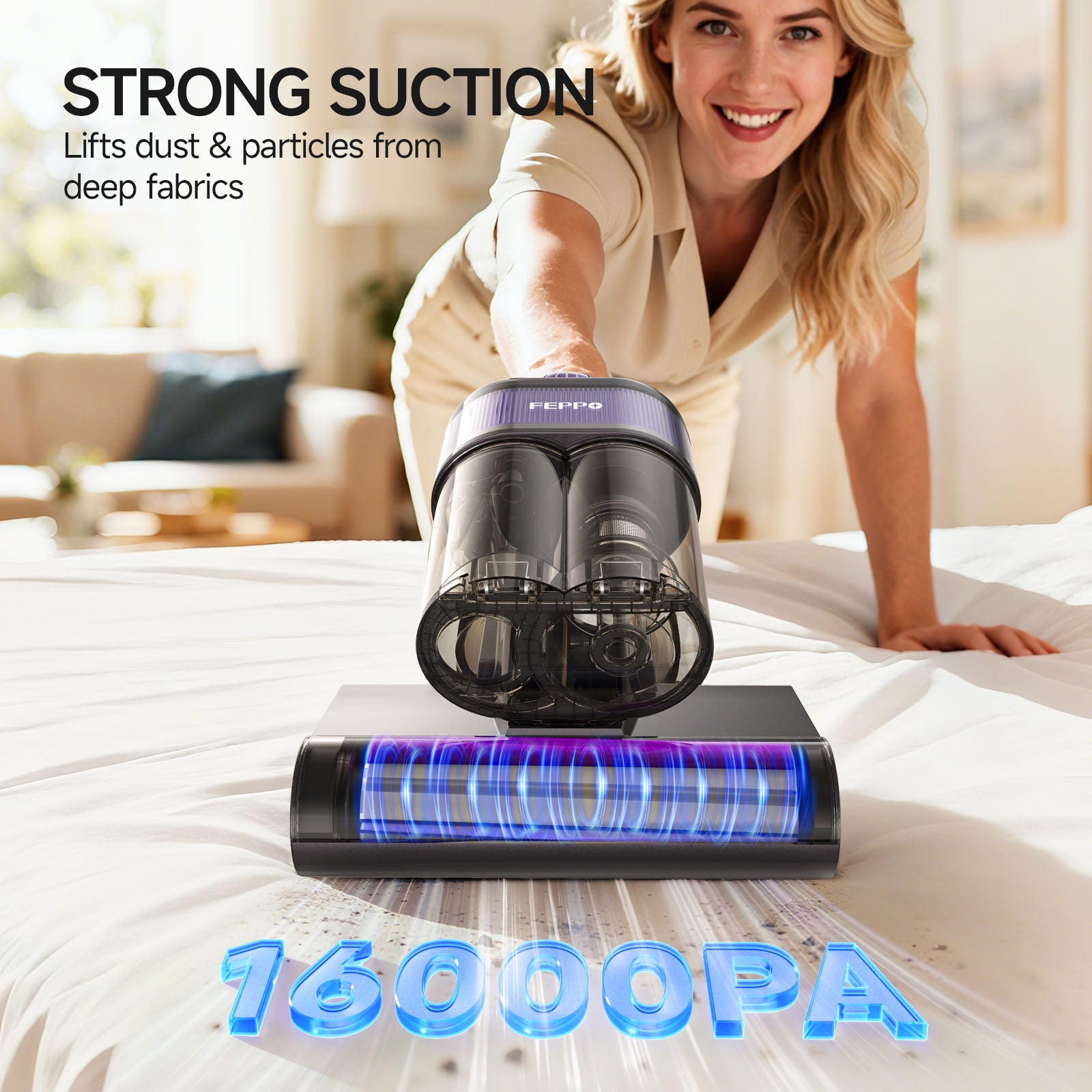 Feppo Mattress Vacuum Cleaner 16000PA Strong Suction, lifts dust and particles from deep fabrics