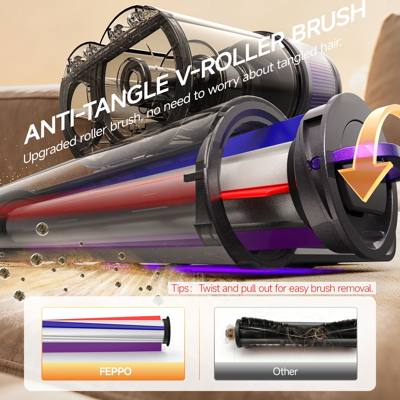 Feppo Mattress Vacuum Cleaner, with anti-tangle V-Roller brush