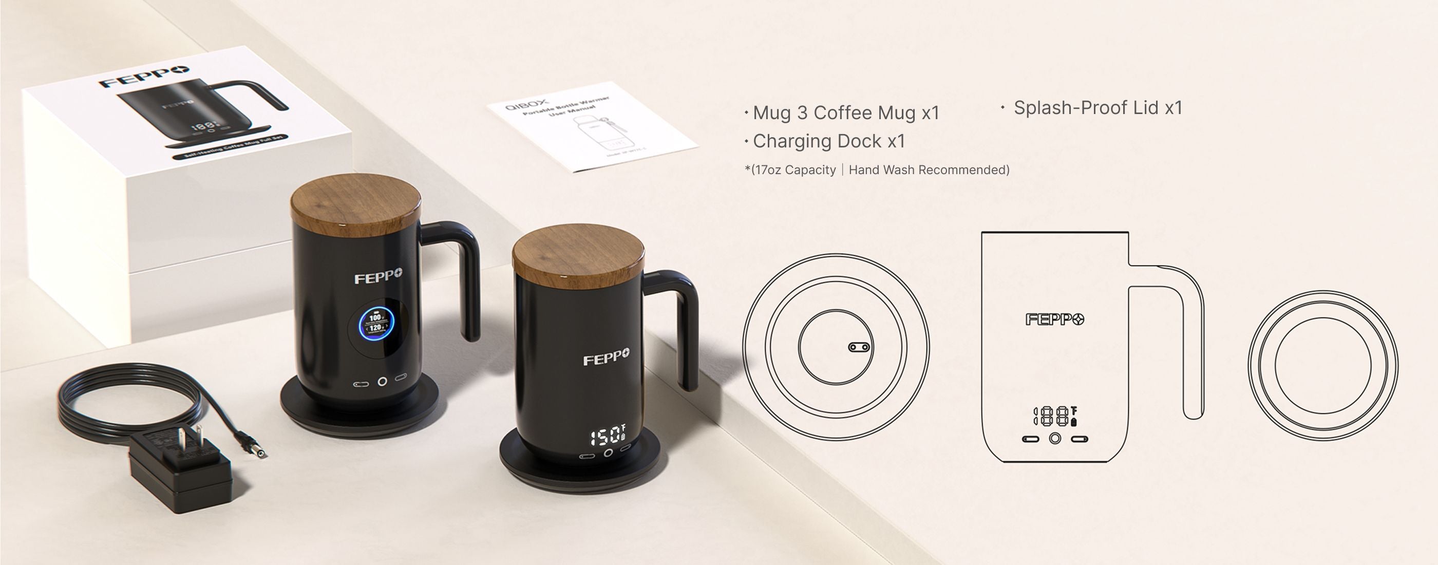 Feppo Temperature Control Heated Coffee Mug, Package including
