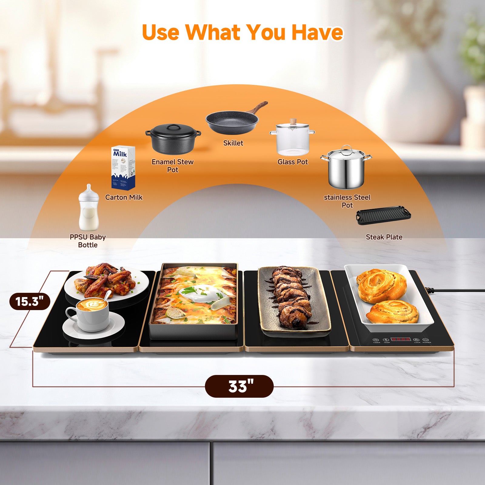 FEPPO 4-in-1 Electric Warming Tray with Timer & Temp Control Buffet Food Warmer 33"x15"