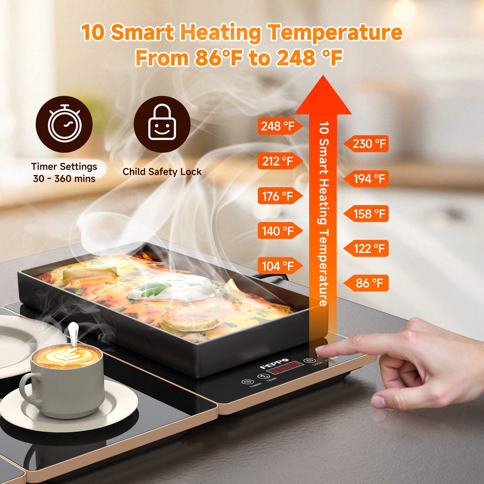 FEPPO 4-in-1 Electric Warming Tray with Timer & Temp Control Buffet Food Warmer 33"x15"