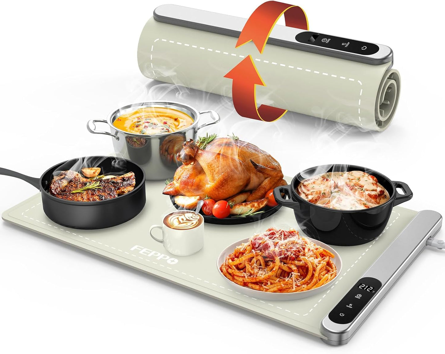 FEPPO Food Warming Mat, Upgrade High-tech Graphene Heating Film, Fast Full Surface Heating Mat with 6 Level Adjustable Temperature and 6 Hours Timer, Roll Up Food Warmers for Parties Buffet