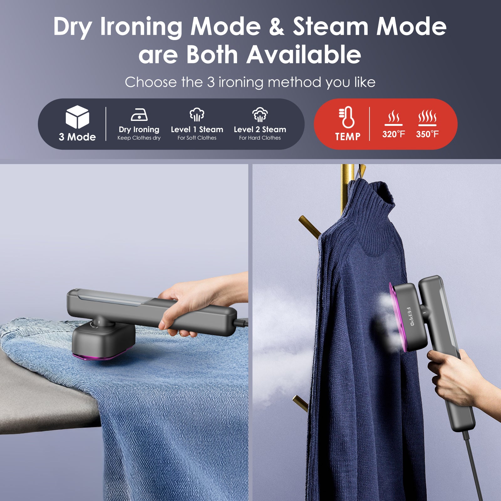 FEPPO Travel Clothes Steamer & Iron 2-in-1 – 1100W Portable Garment Steamer, Dual Voltage 110-240V, Fast Heat-Up, Travel Size - FEPPO