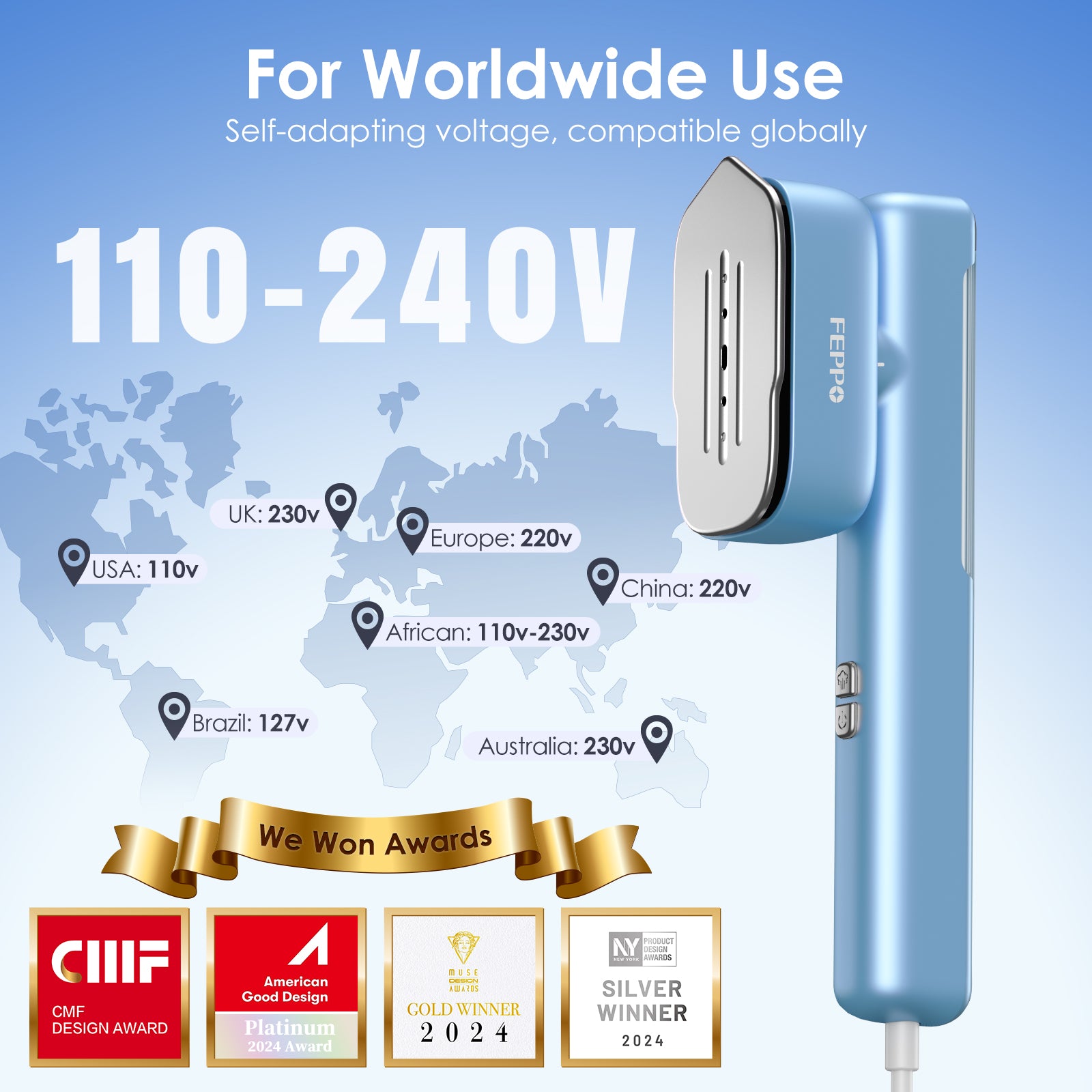 FEPPO Travel Clothes Steamer & Iron 2-in-1 – 1100W Portable Garment Steamer, Dual Voltage 110-240V, Fast Heat-Up, Travel Size - FEPPO