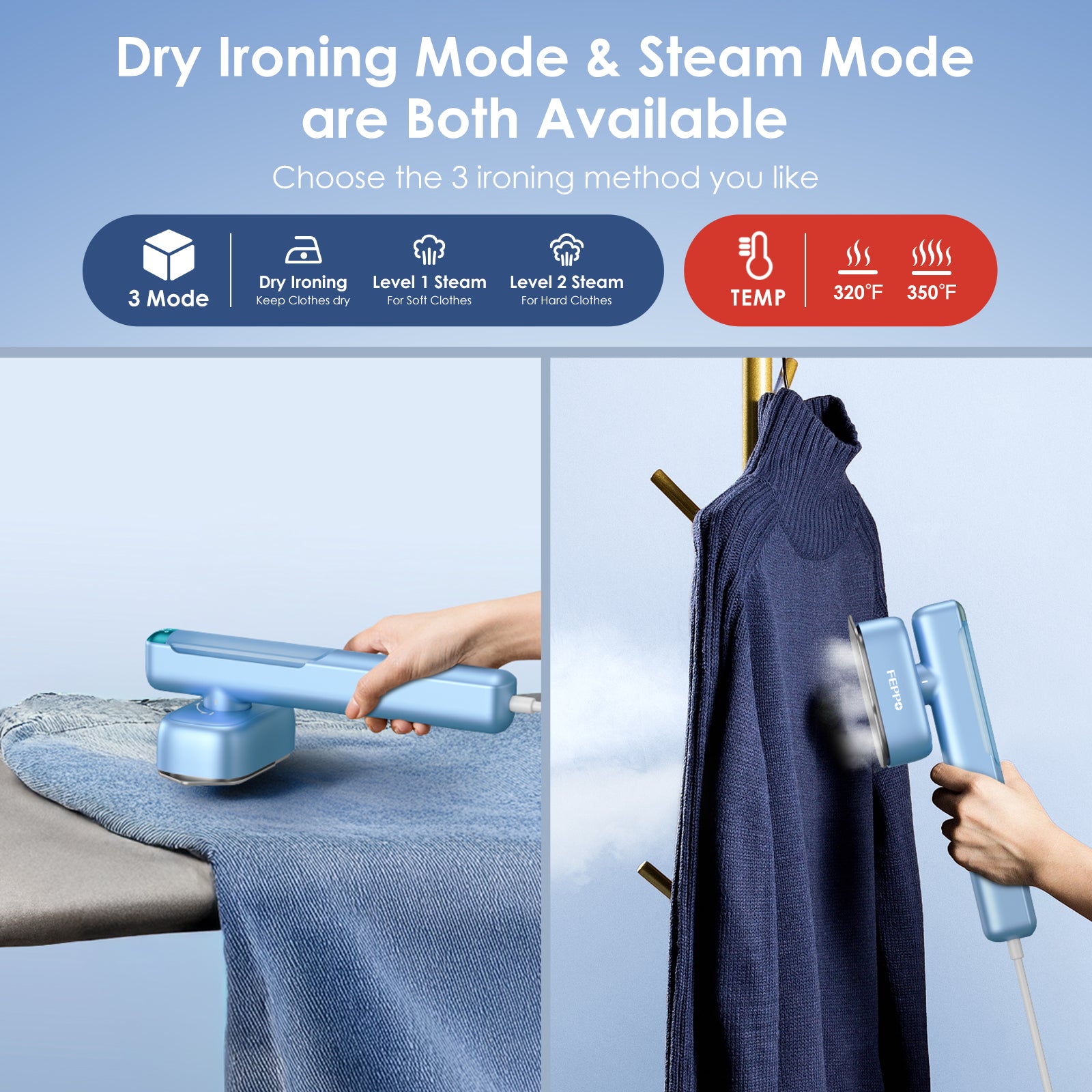 FEPPO Travel Clothes Steamer & Iron 2-in-1 – 1100W Portable Garment Steamer, Dual Voltage 110-240V, Fast Heat-Up, Travel Size - FEPPO