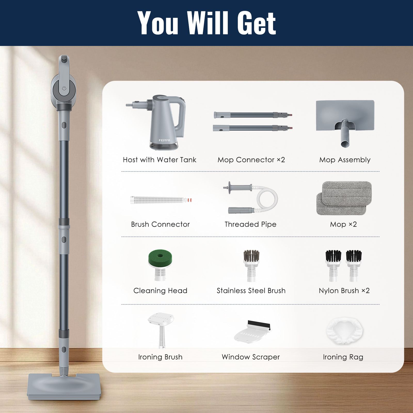 FEPPO Steam Mop with Detachable Handheld Steam Cleaner for Home and Floor Cleaning, 10-in-1 Multi-purpose Attachments & 2 Pads, Powerful Steamer for Floors, Hardwood, Tiles, Grout, Windows, Kitchen, Bath - FEPPO