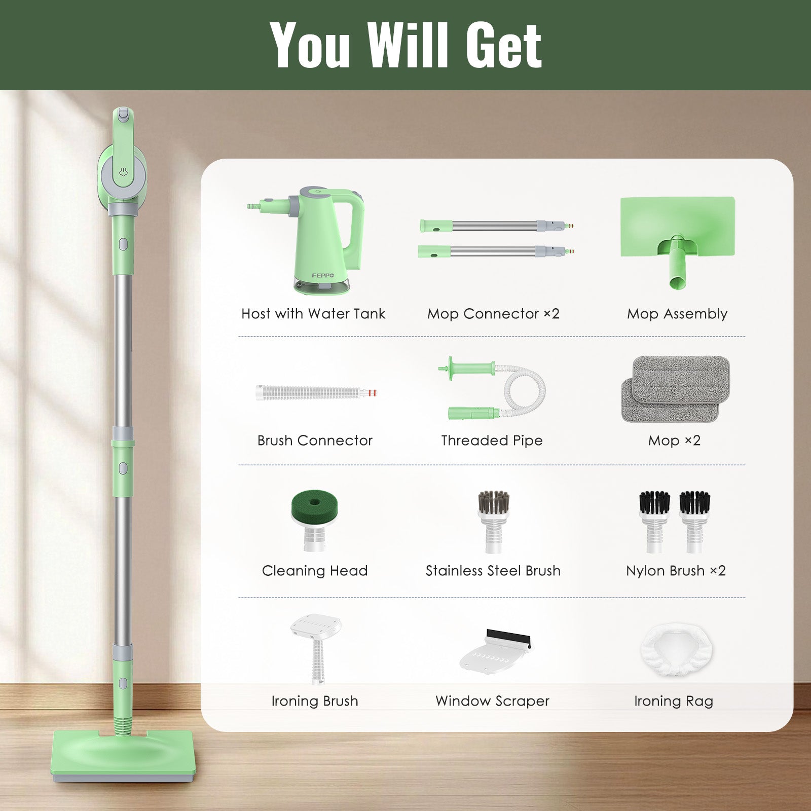 FEPPO Steam Mop with Detachable Handheld Steam Cleaner for Home and Floor Cleaning, 10-in-1 Multi-purpose Attachments & 2 Pads, Powerful Steamer for Floors, Hardwood, Tiles,Grout,Windows,Kitchen,Bath - FEPPO